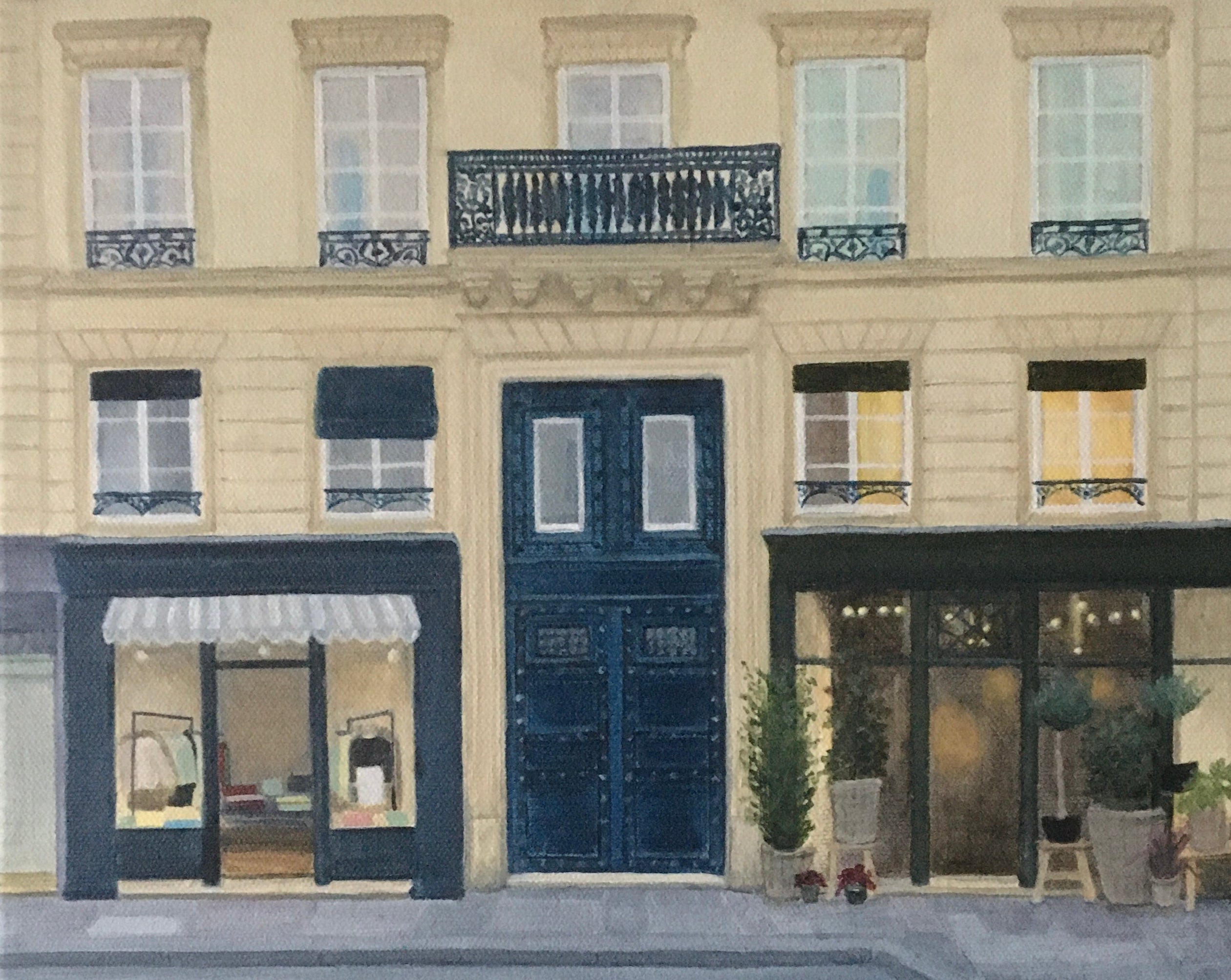Painting of a blue doorway and shopfronts on Rue de Richelieu, Paris, France